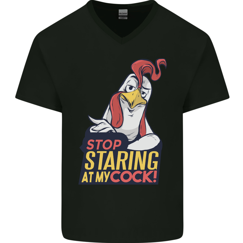 Stop Staring at My Cock Funny Rude Mens V-Neck Cotton T-Shirt Black