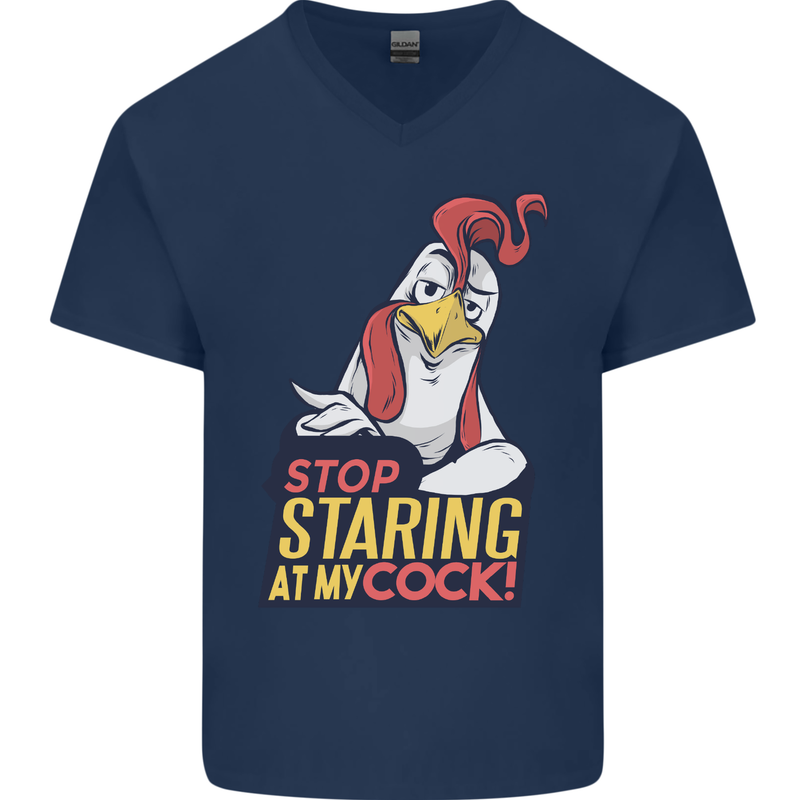 Stop Staring at My Cock Funny Rude Mens V-Neck Cotton T-Shirt Navy Blue