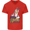 Stop Staring at My Cock Funny Rude Mens V-Neck Cotton T-Shirt Red