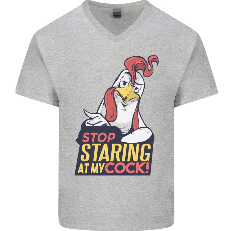 Stop Staring at My Cock Funny Rude Mens V-Neck Cotton T-Shirt Sports Grey