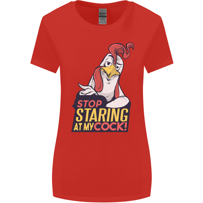 Stop Staring at My Cock Funny Rude Womens Wider Cut T-Shirt Red