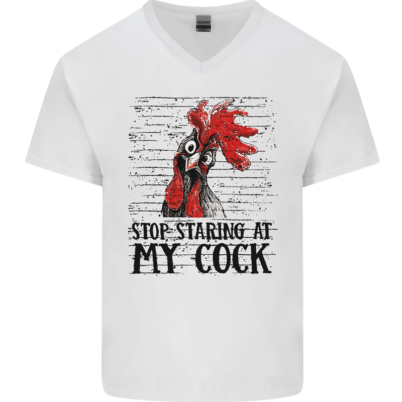 Stop Starring at My Cock Funny Rude Mens V-Neck Cotton T-Shirt White