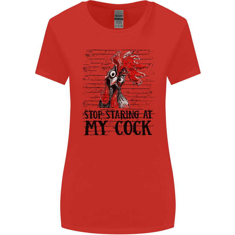 Stop Starring at My Cock Funny Rude Womens Wider Cut T-Shirt Red