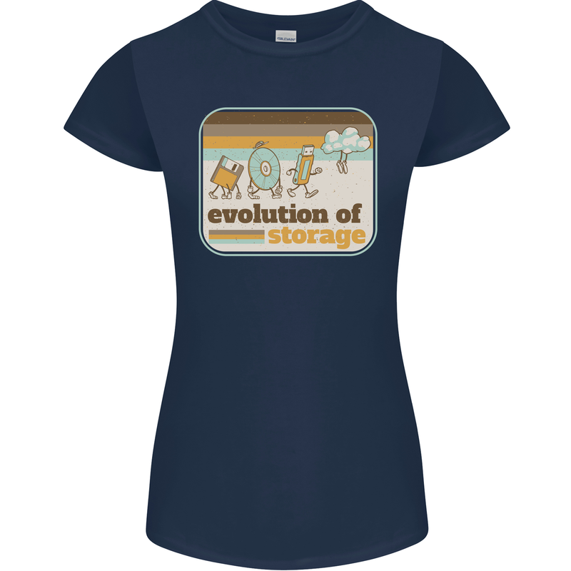 Storage Evolution Retro CD HD Drive USB Stick Womens Petite Cut T-Shirt Navy Blue