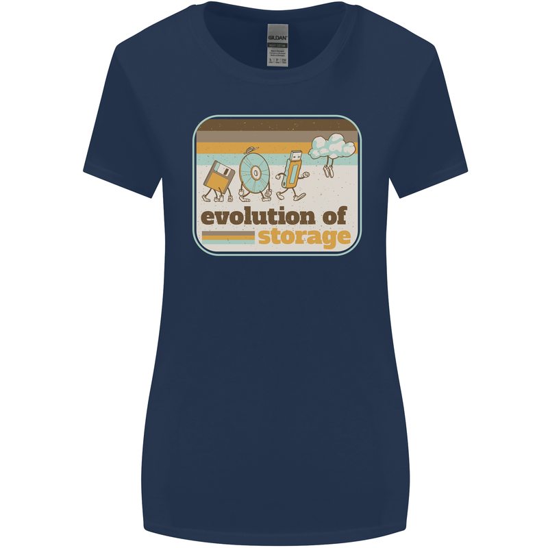 Storage Evolution Retro CD HD Drive USB Stick Womens Wider Cut T-Shirt Navy Blue