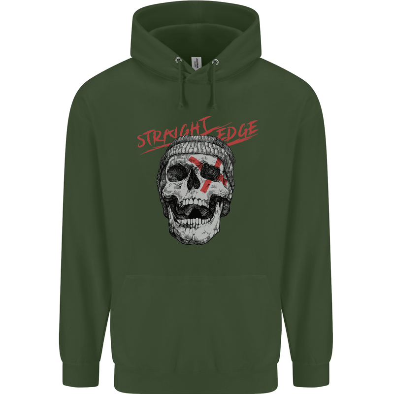Straight Edge Skull Biker Motorcycle Childrens Kids Hoodie Forest Green