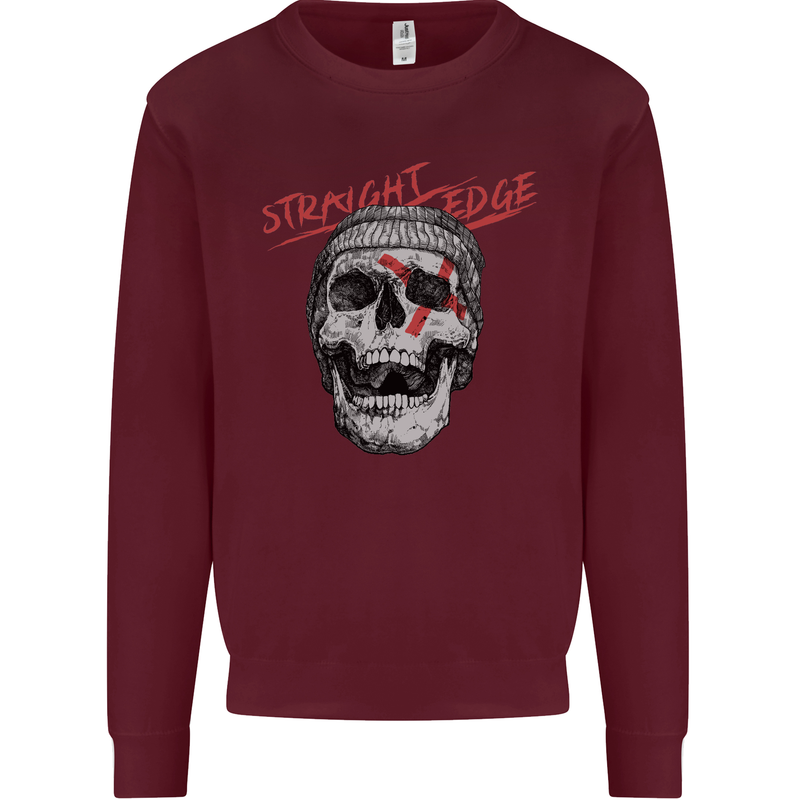 Straight Edge Skull Biker Motorcycle Kids Sweatshirt Jumper Maroon