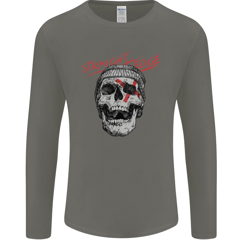 Straight Edge Skull Biker Motorcycle Mens Long Sleeve T-Shirt Charcoal