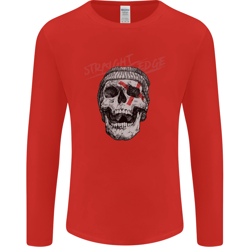 Straight Edge Skull Biker Motorcycle Mens Long Sleeve T-Shirt Red