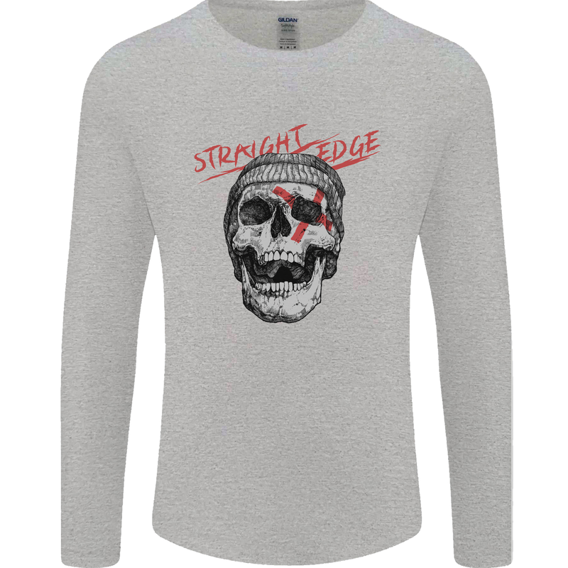 Straight Edge Skull Biker Motorcycle Mens Long Sleeve T-Shirt Sports Grey