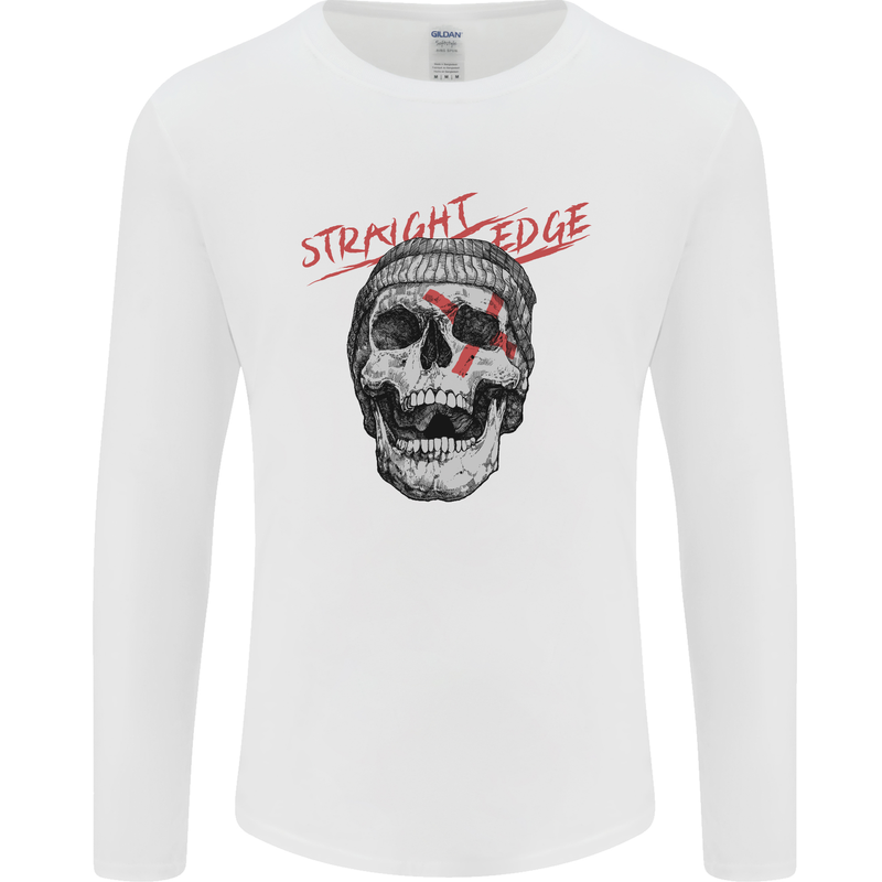 Straight Edge Skull Biker Motorcycle Mens Long Sleeve T-Shirt White