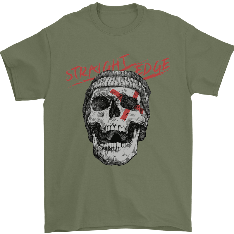 Straight Edge Skull Biker Motorcycle Mens T-Shirt Cotton Gildan Military Green