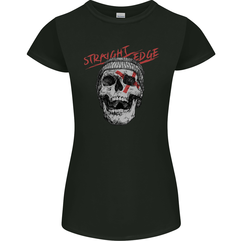 Straight Edge Skull Biker Motorcycle Womens Petite Cut T-Shirt Black