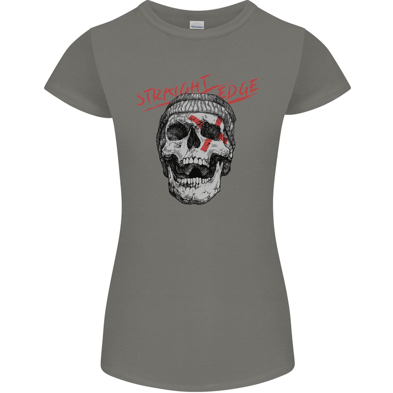 Straight Edge Skull Biker Motorcycle Womens Petite Cut T-Shirt Charcoal