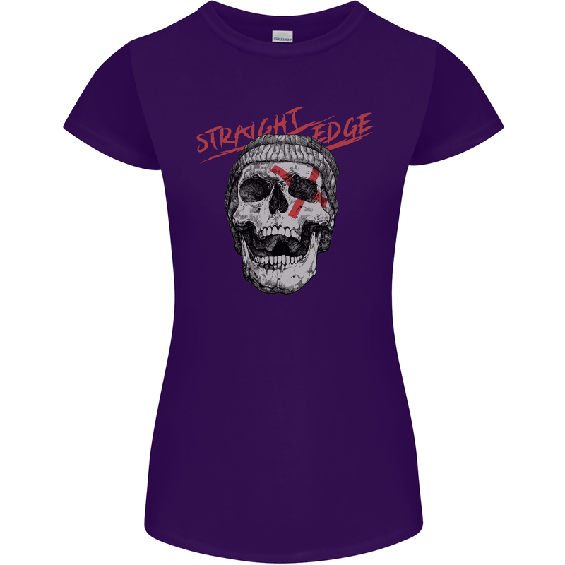 Straight Edge Skull Biker Motorcycle Womens Petite Cut T-Shirt Purple