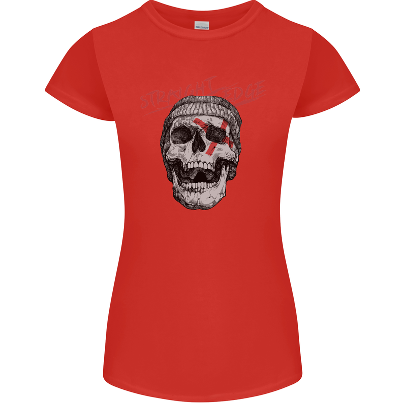 Straight Edge Skull Biker Motorcycle Womens Petite Cut T-Shirt Red
