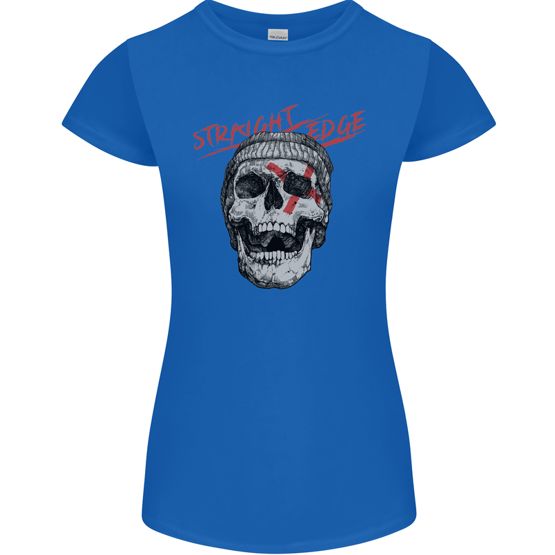 Straight Edge Skull Biker Motorcycle Womens Petite Cut T-Shirt Royal Blue