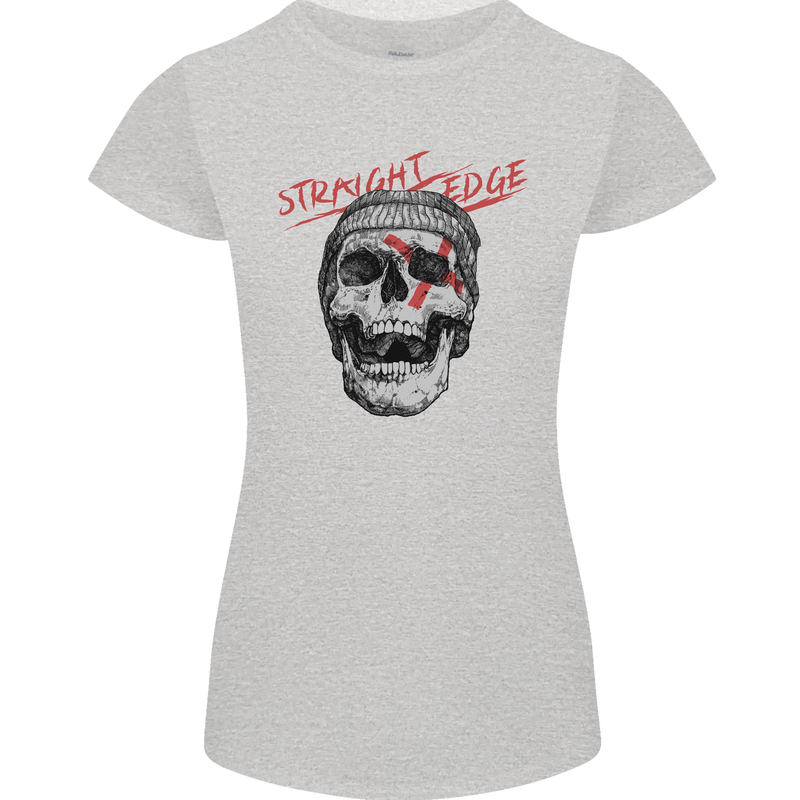 Straight Edge Skull Biker Motorcycle Womens Petite Cut T-Shirt Sports Grey
