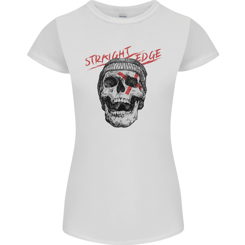Straight Edge Skull Biker Motorcycle Womens Petite Cut T-Shirt White