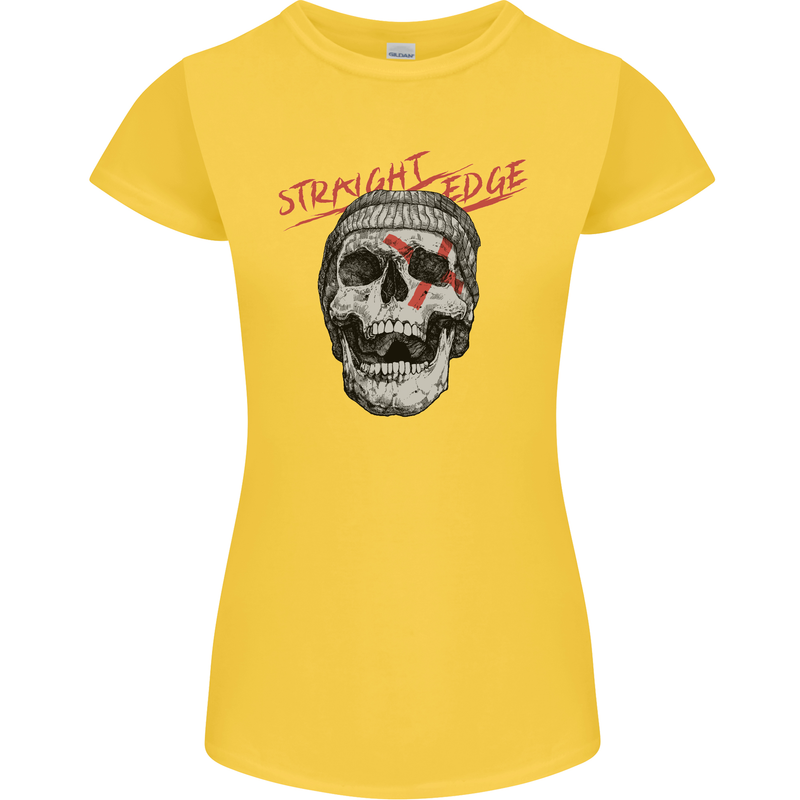 Straight Edge Skull Biker Motorcycle Womens Petite Cut T-Shirt Yellow