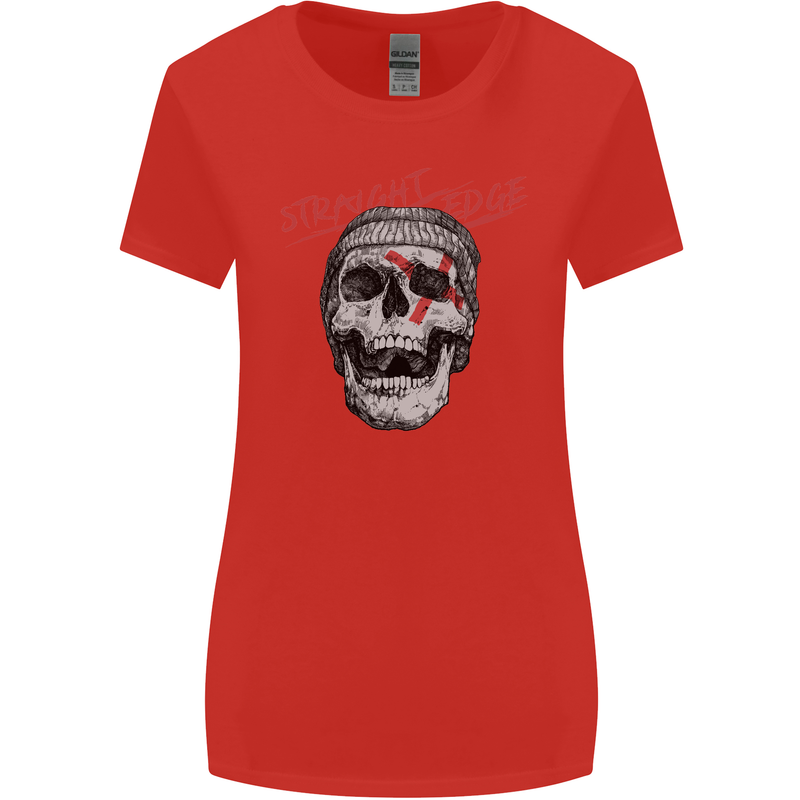 Straight Edge Skull Biker Motorcycle Womens Wider Cut T-Shirt Red