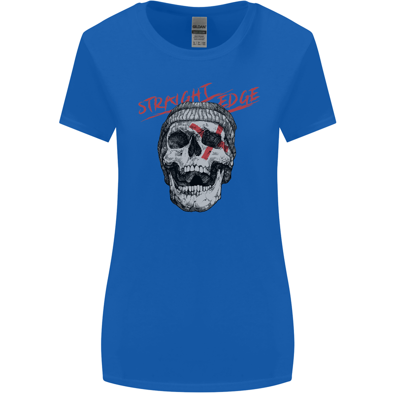 Straight Edge Skull Biker Motorcycle Womens Wider Cut T-Shirt Royal Blue