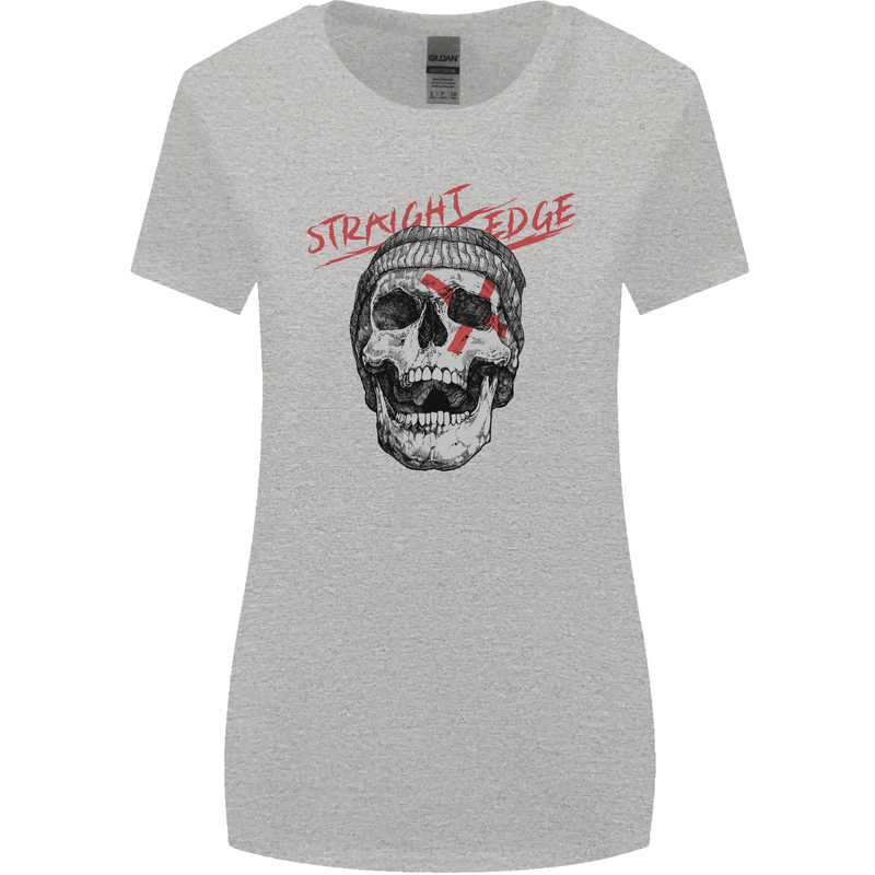 Straight Edge Skull Biker Motorcycle Womens Wider Cut T-Shirt Sports Grey