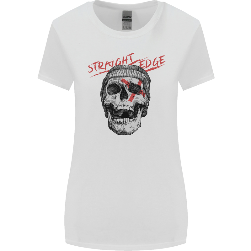 Straight Edge Skull Biker Motorcycle Womens Wider Cut T-Shirt White