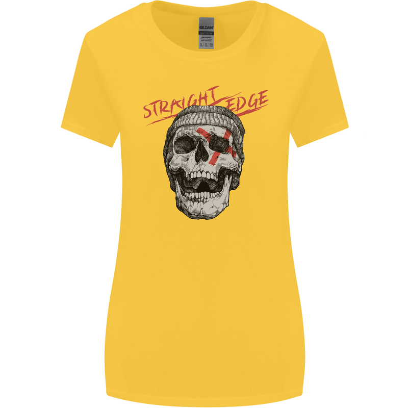 Straight Edge Skull Biker Motorcycle Womens Wider Cut T-Shirt Yellow