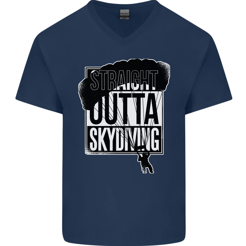 Straight Outta Skydiving Funny Freefall Mens V-Neck Cotton T-Shirt Navy Blue