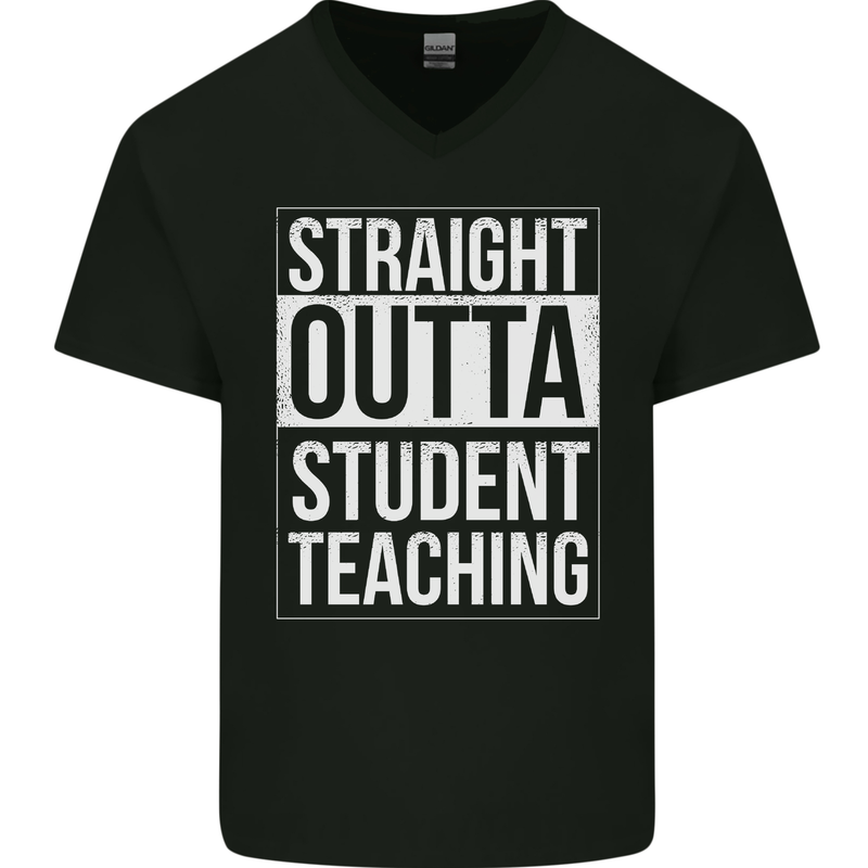 Straight Outta Student Teaching Teacher Mens V-Neck Cotton T-Shirt Black