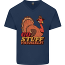 Stuff Yourself Funny Vegetarian Vegan Turkey Mens V-Neck Cotton T-Shirt Navy Blue