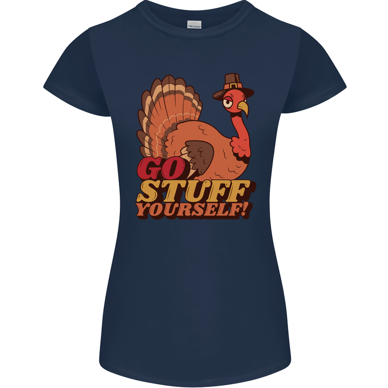 Stuff Yourself Funny Vegetarian Vegan Turkey Womens Petite Cut T-Shirt Navy Blue