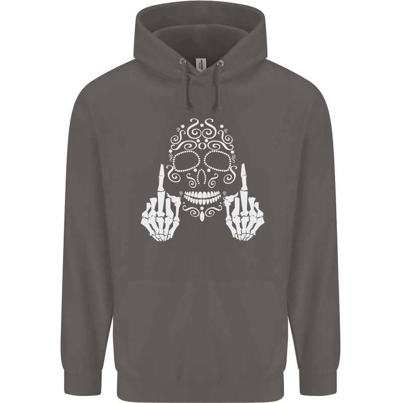 Sugar Skull Finger Flip Rude Offensive Mens 80% Cotton Hoodie Charcoal