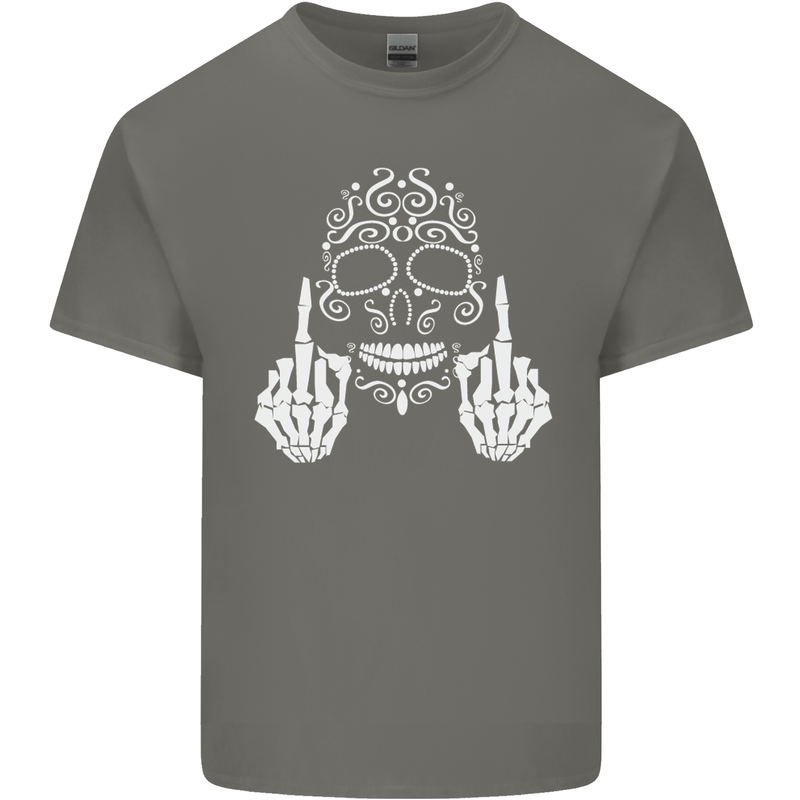 Sugar Skull Finger Flip Rude Offensive Mens Cotton T-Shirt Tee Top Charcoal