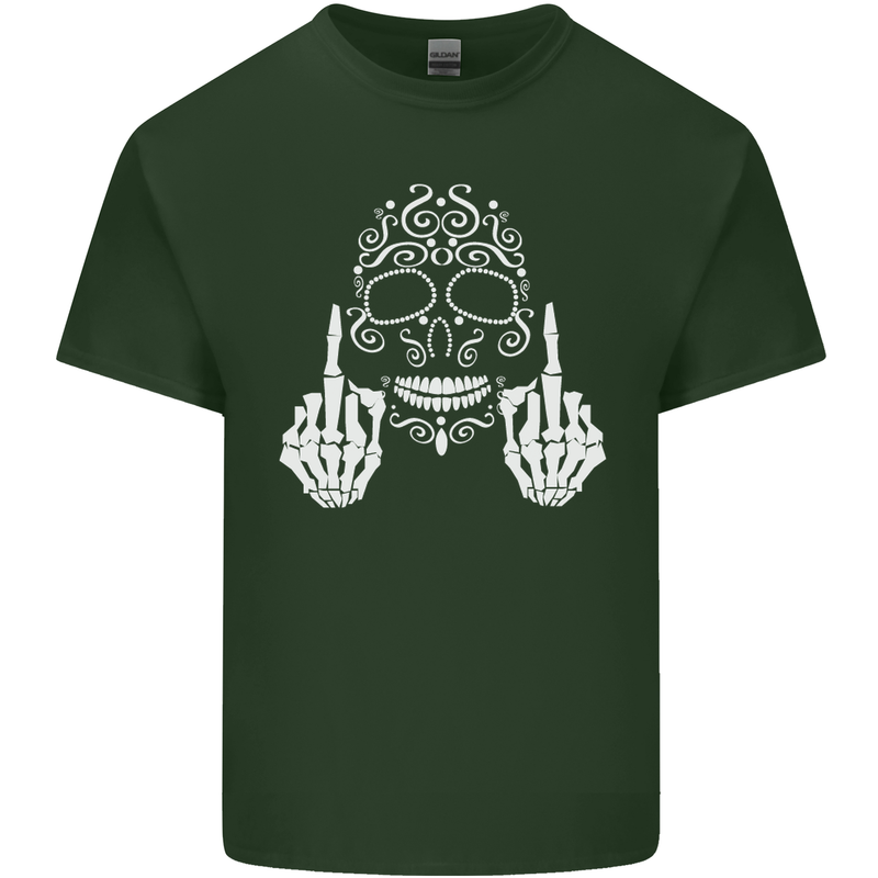 Sugar Skull Finger Flip Rude Offensive Mens Cotton T-Shirt Tee Top Forest Green