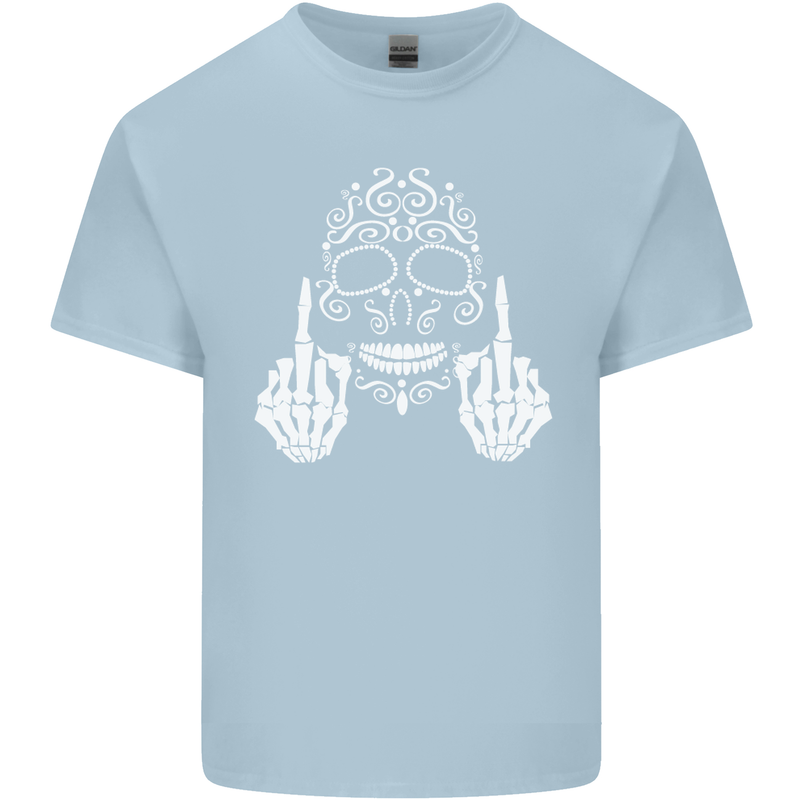 Sugar Skull Finger Flip Rude Offensive Mens Cotton T-Shirt Tee Top Light Blue