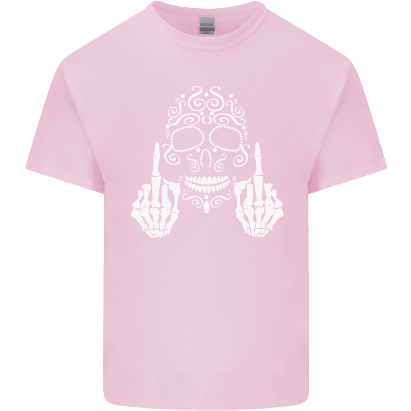 Sugar Skull Finger Flip Rude Offensive Mens Cotton T-Shirt Tee Top Light Pink
