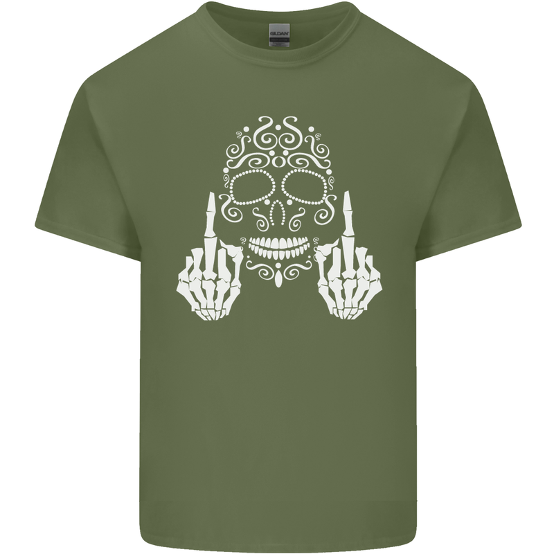 Sugar Skull Finger Flip Rude Offensive Mens Cotton T-Shirt Tee Top Military Green
