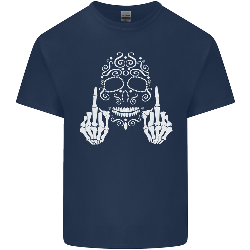 Sugar Skull Finger Flip Rude Offensive Mens Cotton T-Shirt Tee Top Navy Blue