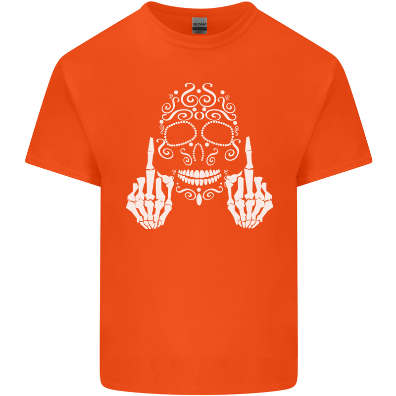 Sugar Skull Finger Flip Rude Offensive Mens Cotton T-Shirt Tee Top Orange