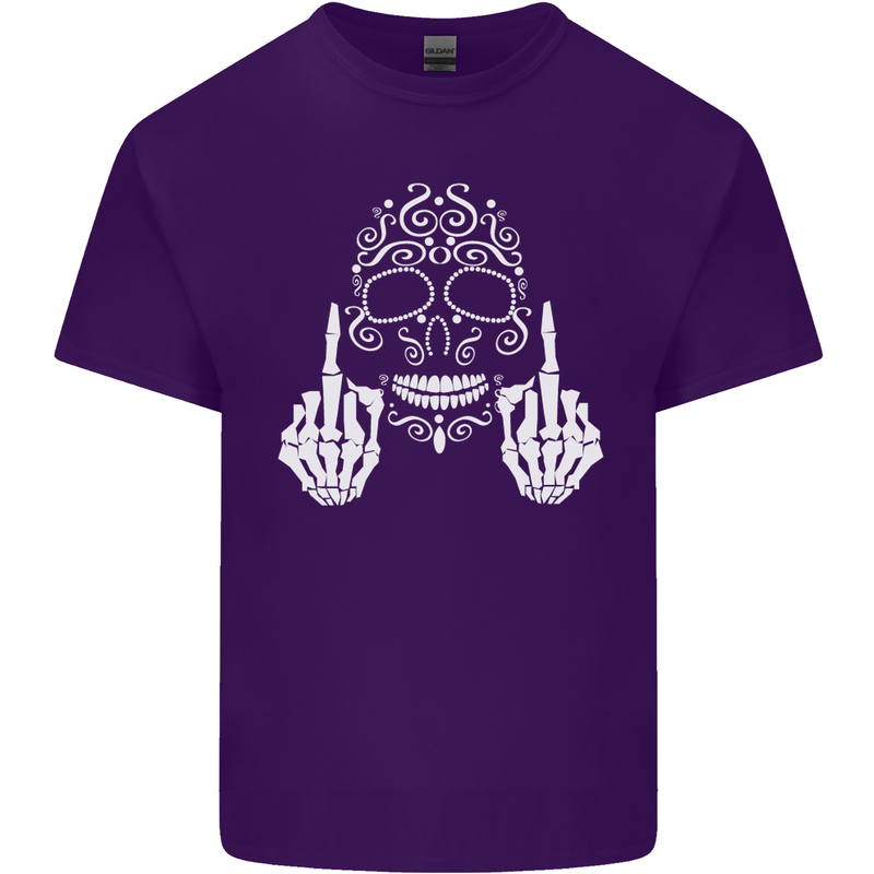 Sugar Skull Finger Flip Rude Offensive Mens Cotton T-Shirt Tee Top Purple