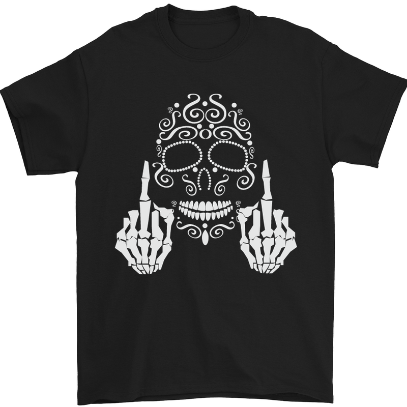 Sugar Skull Finger Flip Rude Offensive Mens T-Shirt Cotton Gildan Black