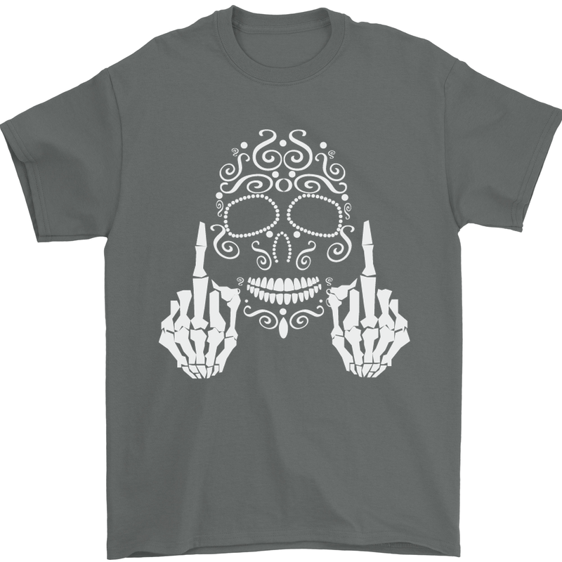Sugar Skull Finger Flip Rude Offensive Mens T-Shirt Cotton Gildan Charcoal