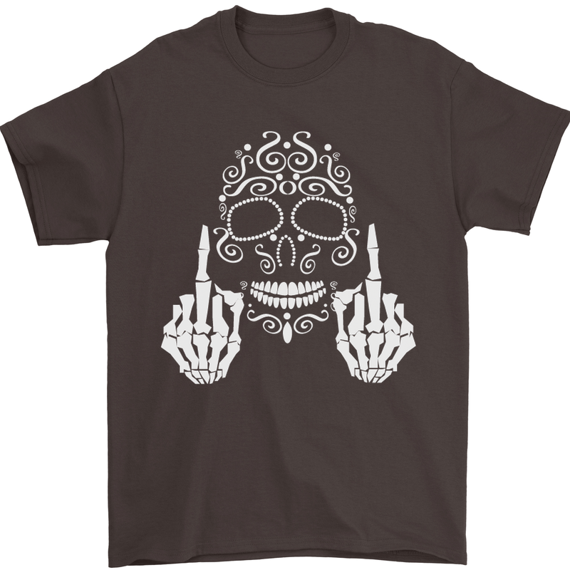 Sugar Skull Finger Flip Rude Offensive Mens T-Shirt Cotton Gildan Dark Chocolate
