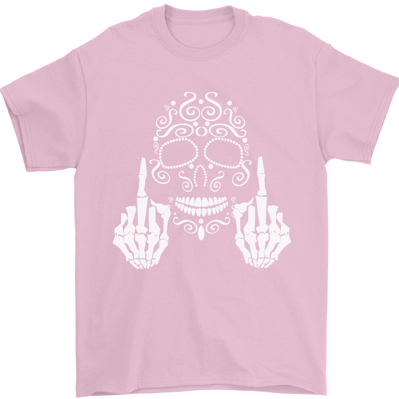 Sugar Skull Finger Flip Rude Offensive Mens T-Shirt Cotton Gildan Light Pink