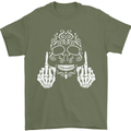Sugar Skull Finger Flip Rude Offensive Mens T-Shirt Cotton Gildan Military Green