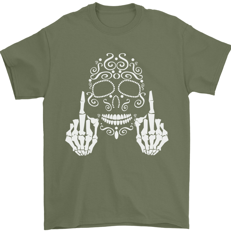 Sugar Skull Finger Flip Rude Offensive Mens T-Shirt Cotton Gildan Military Green