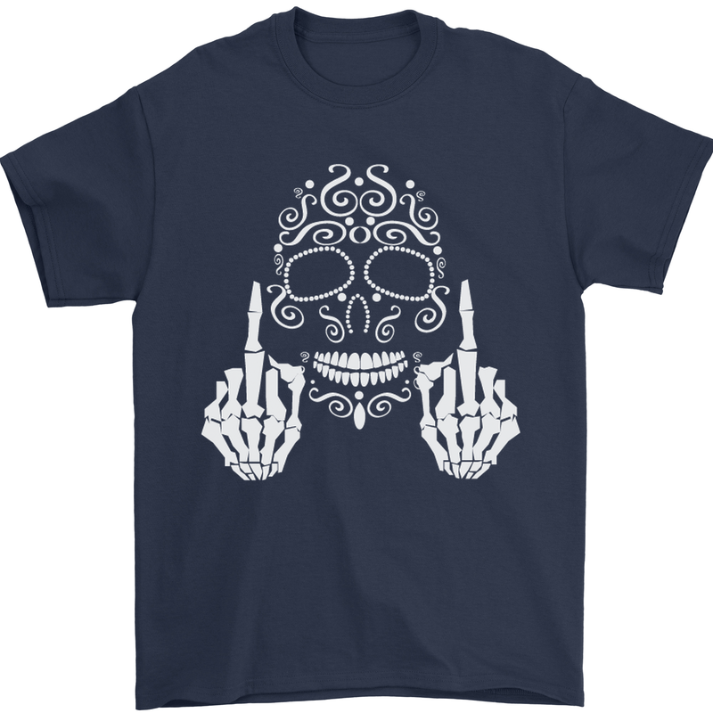 Sugar Skull Finger Flip Rude Offensive Mens T-Shirt Cotton Gildan Navy Blue