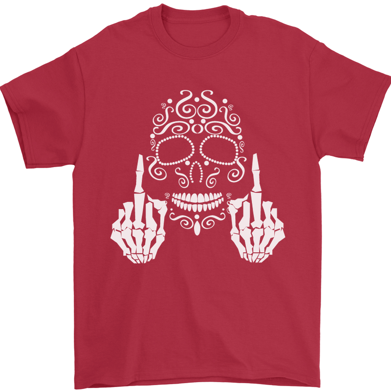 Sugar Skull Finger Flip Rude Offensive Mens T-Shirt Cotton Gildan Red
